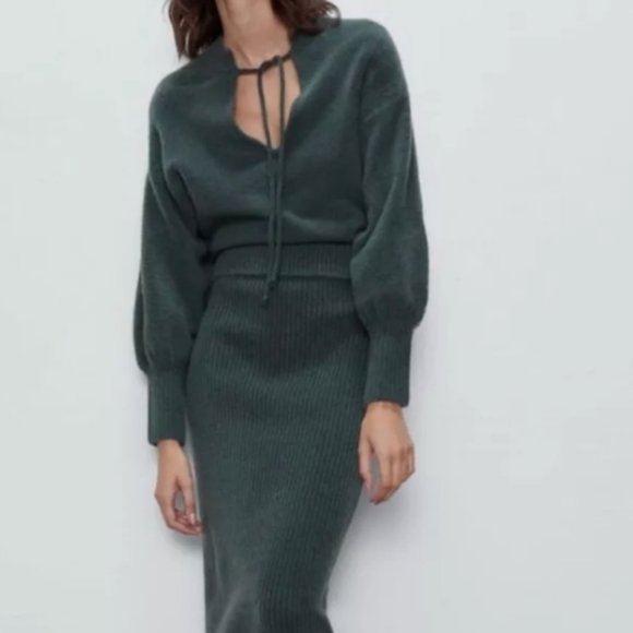 Zara Sweaters - ZARA Sweater, Dark Green Knit Soft Tie Front, S
